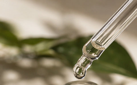 Close-up of a skincare serum dropper above a glass bottle